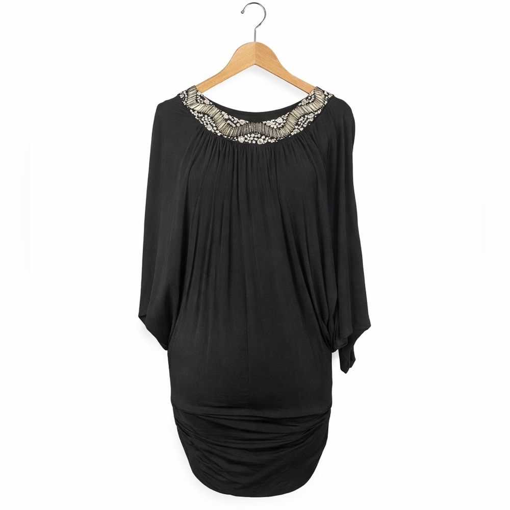 bebe Black Open Back Batwing Dress Small Beaded Trim Bodycon Club Party